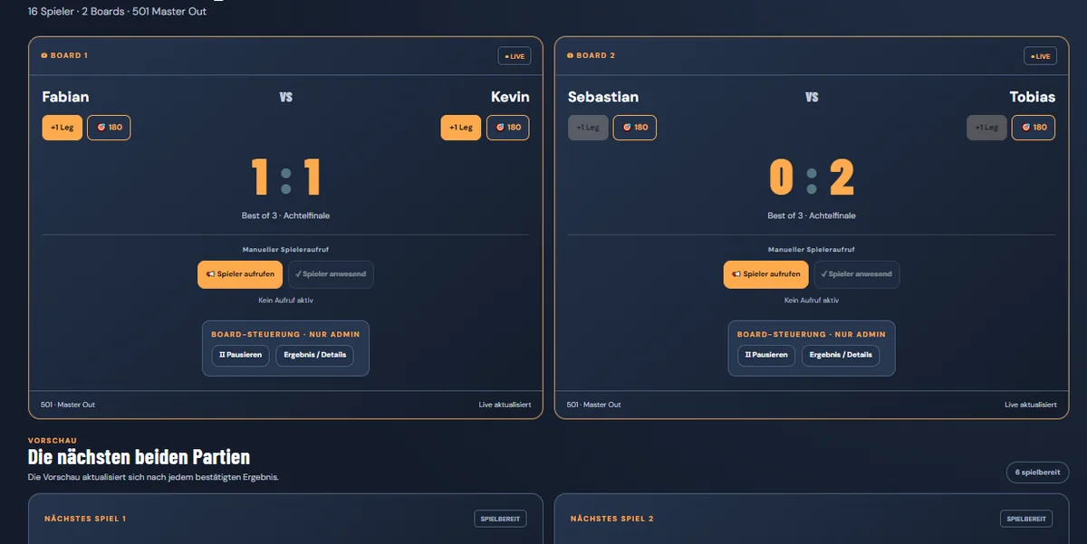 BulltriX Live-Center: zwei Dartpartien mit aktuellen Spielständen und nächsten Begegnungen